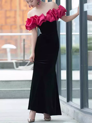 Sexy Mermaid Off The Shoulder Velvet Black Long Prom Dresses P1006