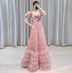 Princess A line Pink Short Sleeves Sequin Long Prom Dresses P1007