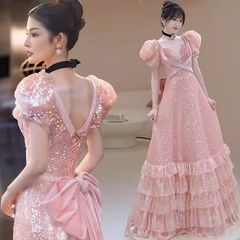 Princess A line Pink Short Sleeves Sequin Long Prom Dresses P1007