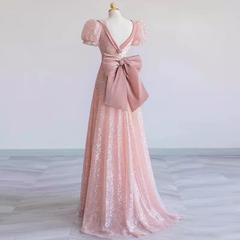 Princess A line Pink Short Sleeves Sequin Long Prom Dresses P1007