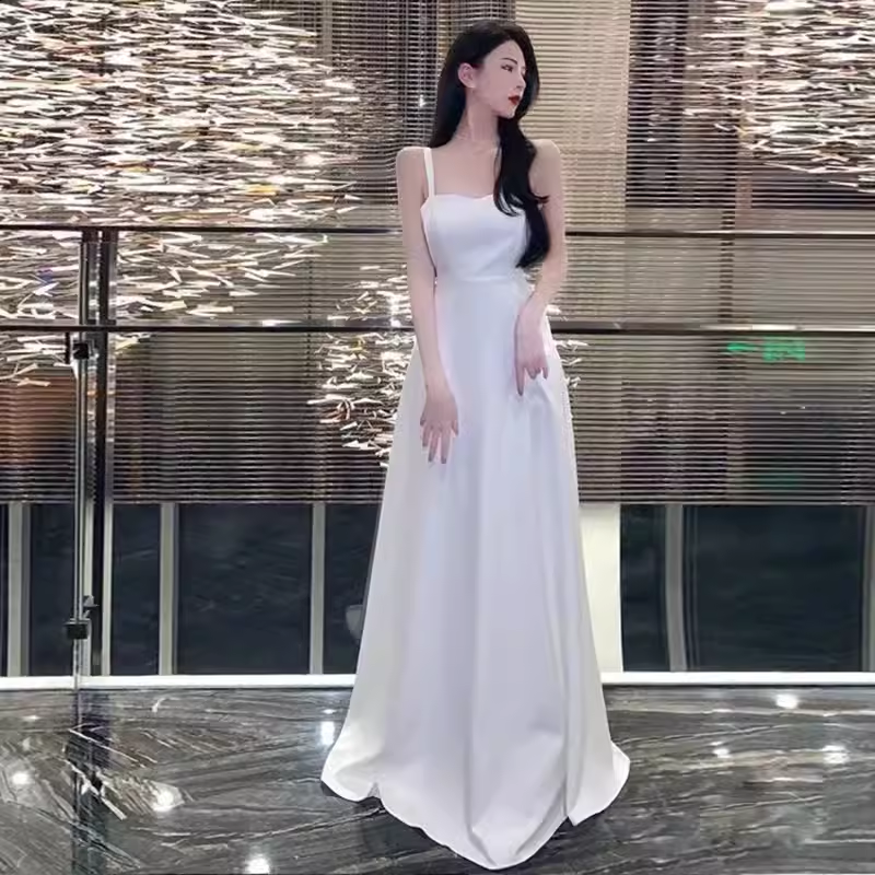 Princess A line Straps White Long Prom Dresses P1008