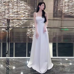 Princess A line Straps White Long Prom Dresses P1008