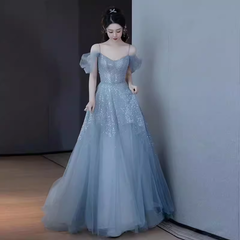 Princess A line Blue Sequin Long Prom Dresses P1009