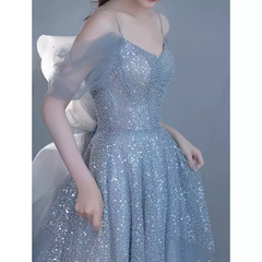 Princess A line Blue Sequin Long Prom Dresses P1009
