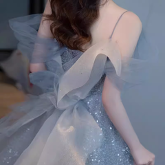 Princess A line Blue Sequin Long Prom Dresses P1009