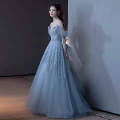 Princess A line Blue Sequin Long Prom Dresses P1009