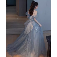 Princess A line Blue Sequin Long Prom Dresses P1009