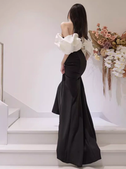 Mermaid Off The Shoulder Black Satin Long Prom Dresses P1011