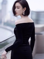 Sexy Mermaid Black Long Sleeves Velvet Prom Dresses P1015