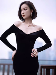 Sexy Mermaid Black Long Sleeves Velvet Prom Dresses P1015