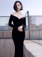 Sexy Mermaid Black Long Sleeves Velvet Prom Dresses P1015