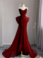 Sexy Mermaid Strapless Red Lace Long Prom Dress P1053