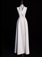 Sexy A line Satin Party Dresses Long White Prom Dresses P1058