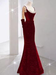 Mermaid Straps Sequin Red Backless Long Prom Dresses P1060