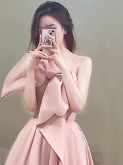 Modest A Line Strapless Long Sleeveless Satin Pink Prom Dresses P1233