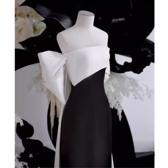 Modest A Line Strapless Long Sleeveless Satin Black Prom Dresses P1234