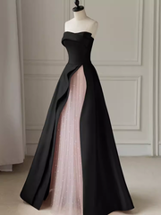 Modest A Line Strapless Long Satin Black Prom Dresses P1237