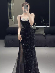Beautiful Mermaid Straps Slit Black Long Prom Dress P1323