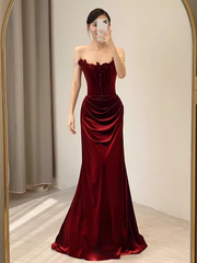 Beautiful Mermaid Strapless Red Velvet Long Prom Dress P1324