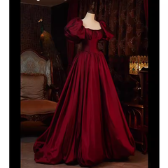 Beautiful Ball Gown Square Neckline Satin Long Red Prom Dress P1330