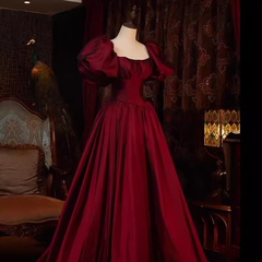 Beautiful Ball Gown Square Neckline Satin Long Red Prom Dress P1330