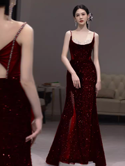 Beautiful Mermaid Straps Slit Burgundy Long Prom Dress P1366