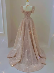 Sparkle A line Square Neckline Sequin Pink Long Prom Dress P1369