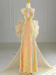 Sparkle A line Scoop Neckline Sequin Gold Long Prom Dress P1370