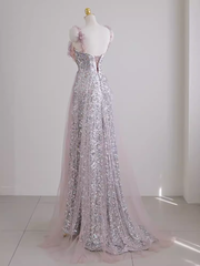 Sexy A line Straps Lilac Sequin Prom Dress P1532