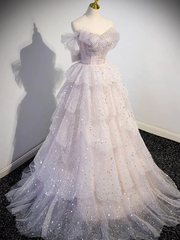 Ball Gown Off Shoulder Tulle Sequin Light Pink Long Prom Dress P1583