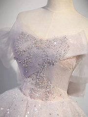 Ball Gown Off Shoulder Tulle Sequin Light Pink Long Prom Dress P1583