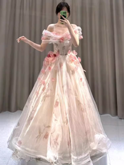 Ball Gown Strapless Champagne Floral Prom Dress Long Party Dresses P1606