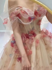 Ball Gown Strapless Champagne Floral Prom Dress Long Party Dresses P1606