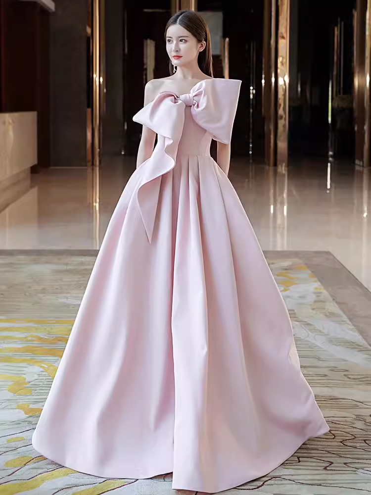 A line Strapless Pink Satin Long Prom Dress Party Dresses P1610
