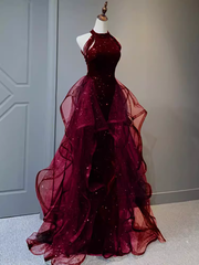 Sparkly Sheath Burgundy Sequin Long Prom Dress Party Dresses P1612