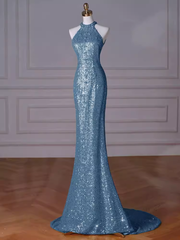 Sexy Mermaid Halter Sequin Blue Floor Length Prom Dress P1710