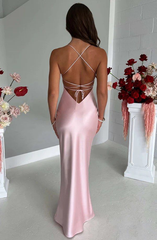 Halter Neck Pink Prom Dresses Sheath Satin Evening Dress 2271