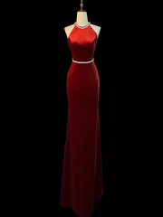 Mermaid Halter Burgundy Long Velvet Prom Dresses P1915