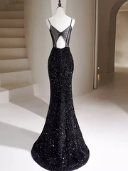 Mermaid Straps Long Black Sequin Prom Dresses P1920