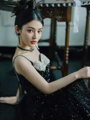 Mermaid Straps Long Black Sequin Slit Prom Dresses P1921