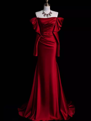 Mermaid Off The Shoulder Burgundy Long Satin Prom Dresses P1916