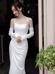 Simple Mermaid Halter Long White Prom Dresses P1925