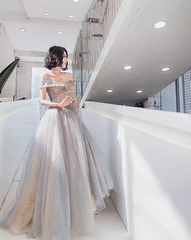 A line Off The Shoulder Gray Prom Dresses Long Evening Dress P2027
