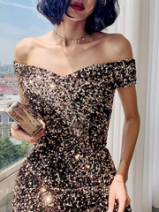 Simple A line Sequin Prom Dresses Evening Dress P2063