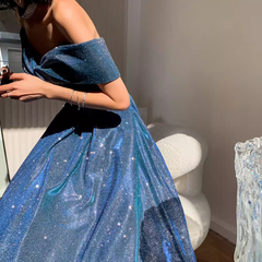 Simple A line Off The Shoulder Blue Prom Dresses Evening Dress P2147