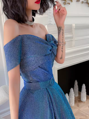 Simple A line Off The Shoulder Blue Prom Dresses Evening Dress P2147