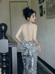 Sexy Mermaid Silver Sequin Prom Dresses Evening Dress P2155