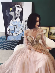 Simple A Line Long Sleeves Champagne Tulle Prom Dresses Evening Dress P2150