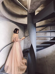 Simple A Line Long Sleeves Champagne Tulle Prom Dresses Evening Dress P2150
