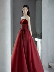 A line Burgundy Strapless Prom Dresses Evening Dress P2157